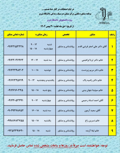 ((مشاوره تلفنی)) مرکز مشاوره و سبک زندگی دانشگاه تبریز به مناسبت ایام امتحانات راه اندازی شد .